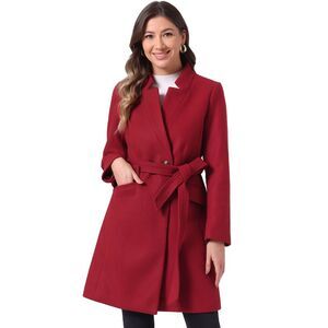 Winter Belted Coat Stand Collar Buttoned Outwear Mid-Long Overcoat Dark Red